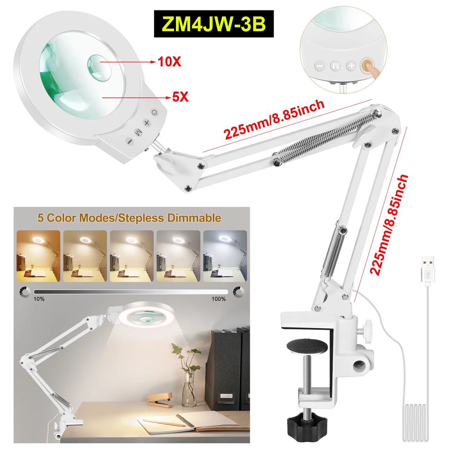 Adjustable 5X/10X Magnifying Lamp with 110mm (4.3 in) Lens - Touch 5-Color LED, 10-Level Dimming, Long Swing Arm Clamp Light for Reading, Jewelry & Soldering