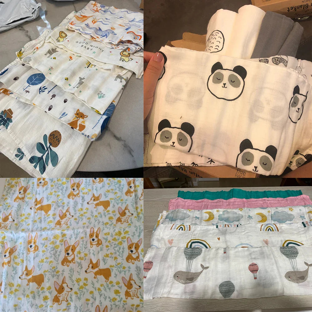 5-Pack Bamboo Cotton Muslin Baby Blankets & Burp Cloths 60 x 60 cm (23.6 x 23.6 in) Soft Breathable Multi-Functional