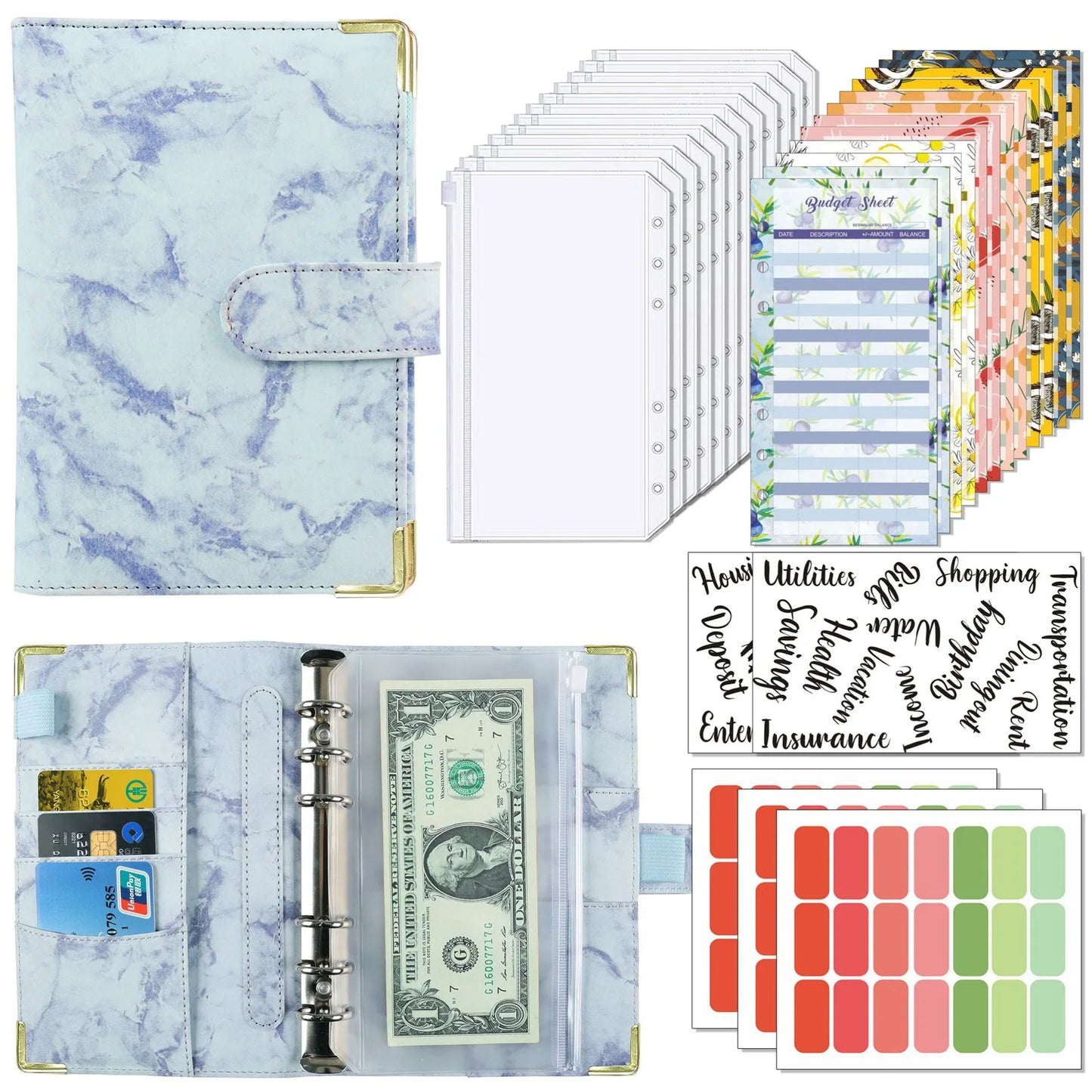 A6 Budget Binder Wallet Organizer — 12 Cash Envelopes, 12 Budget Sheets & 5 Label Stickers (7.84 x 5.2 in / 199 x 132 mm)