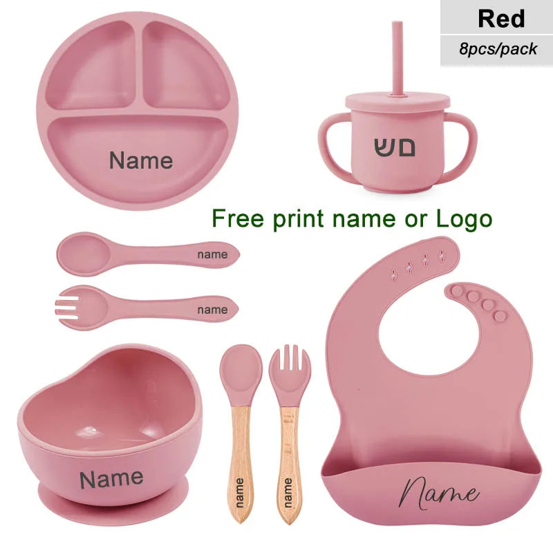 8-Piece Silicone Baby Feeding Set with Suction Plate, Bowl & Straw Cup — Personalized Kids Tableware, BPA-Free