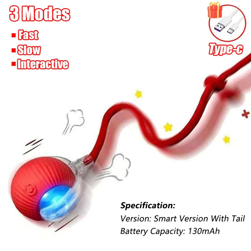 Interactive Automatic Rolling Ball Toy for Cats and Dogs, Rechargeable Smart Pet Toy with Faux Tail