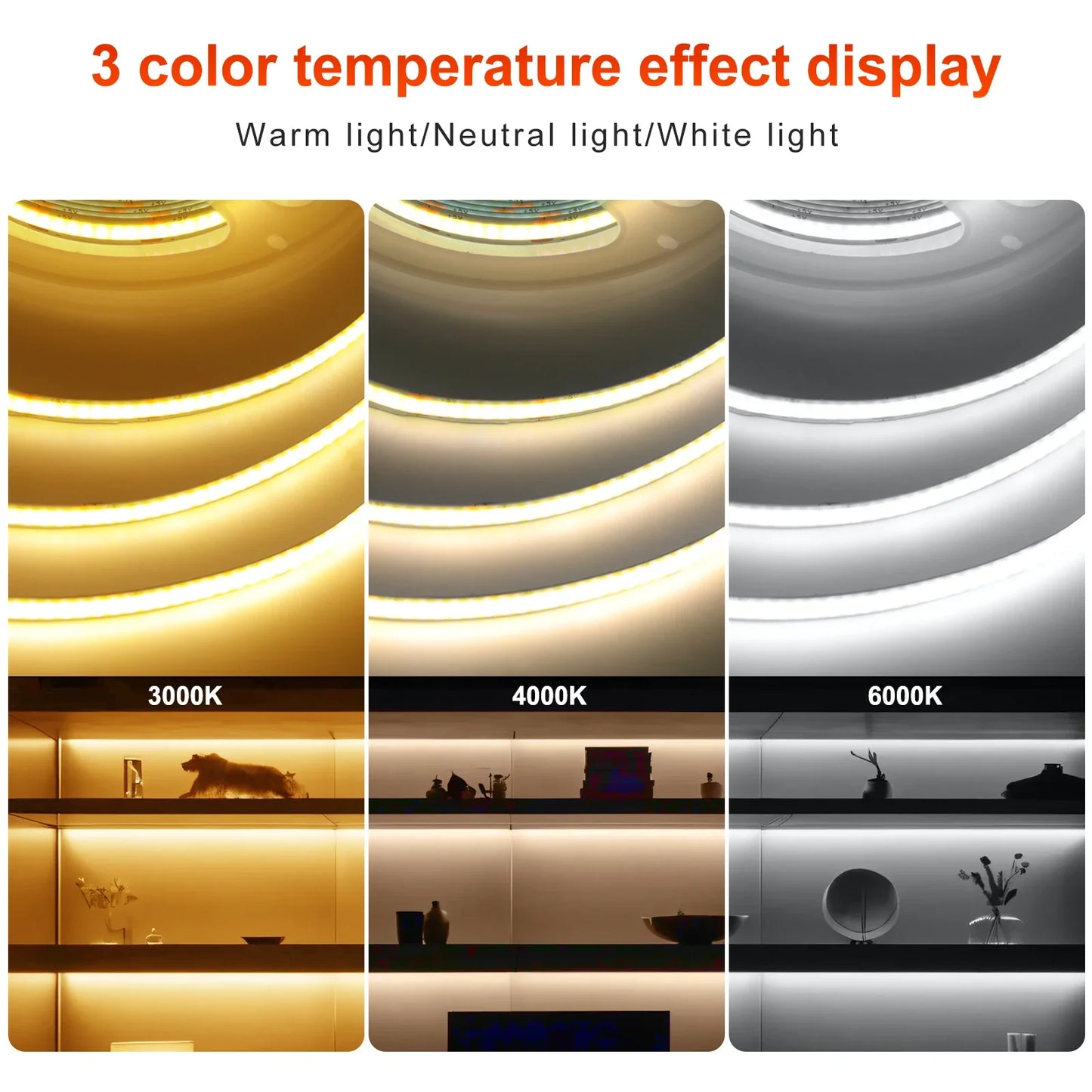 Dimmable COB LED Strip Light 5V USB with ON/OFF Switch — 320 LEDs/m High-Density Flexible Tape Light, Adhesive Backing, 3000K/4000K/6000K