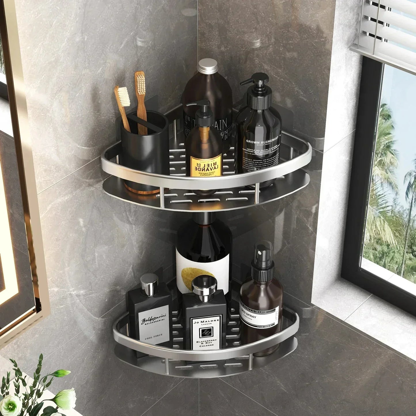 No-Drill Aluminum Alloy Bathroom Shower Shelf Wall-Mounted Shampoo Rack and Kitchen Organizer