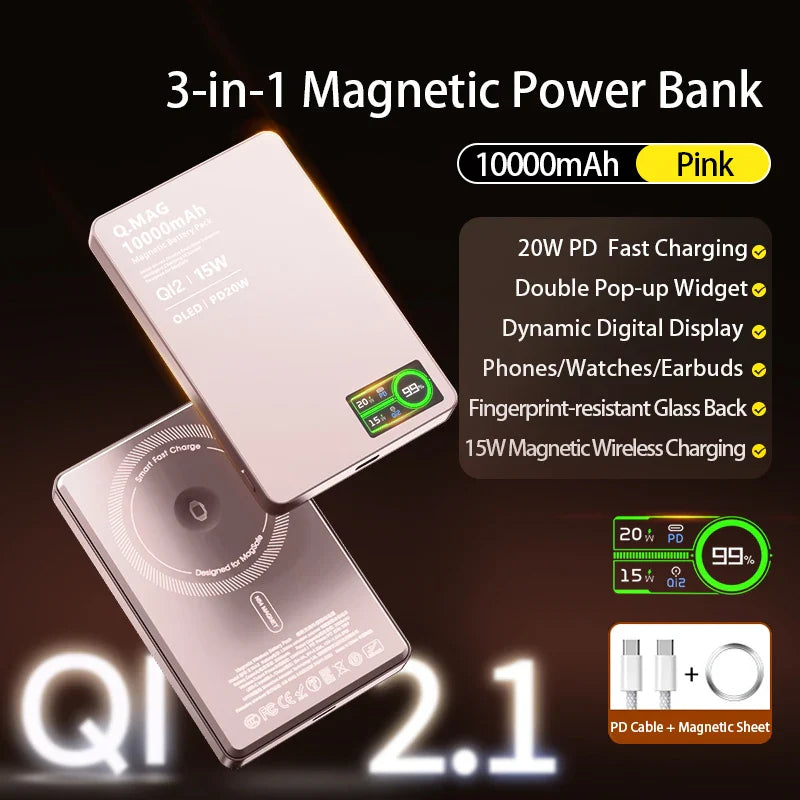 3-in-1 Magnetic Qi 2.1 Wireless Power Bank 10000mAh USB-C 20W PD & 15W Magnetic Charging for Phones, Smartwatch & Earbuds