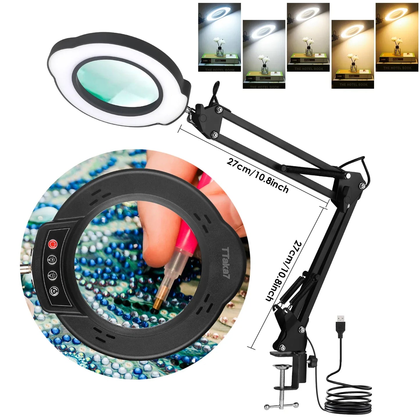 72-LED 8X/10X USB Illuminated Magnifying Glass Lamp - 4.2 in (106 mm) Lens, 3-Color Dimmable LED, Adjustable Arm & Clamp for Soldering, Crafts, Skincare
