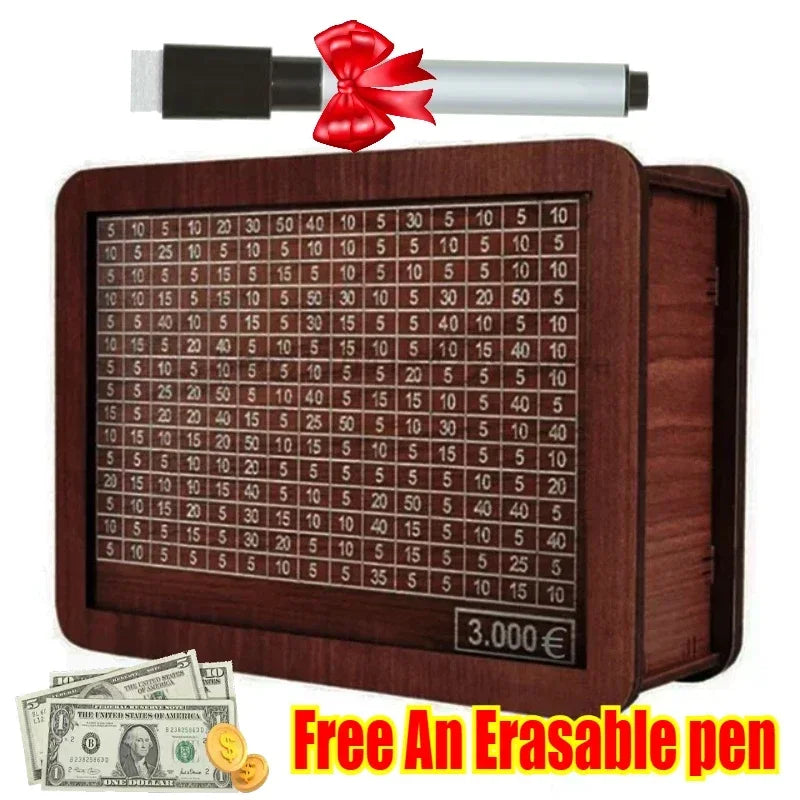 Wooden Piggy Bank Money Box - Reusable Handmade Savings Box with 10,000 Goal Tracker