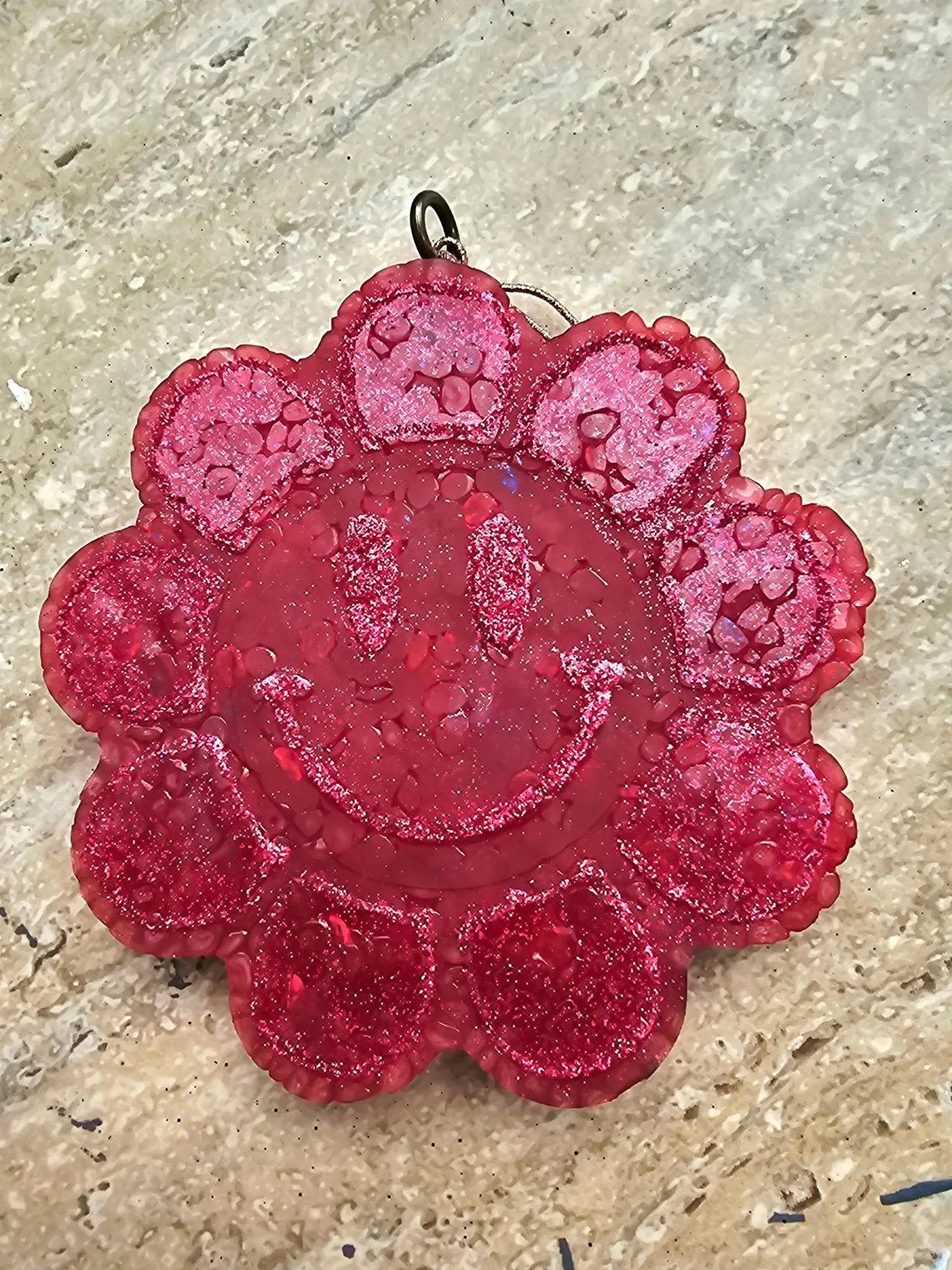 Smiley Face Daisy Car Freshie – Handmade Boho Aroma Bead Air Freshener