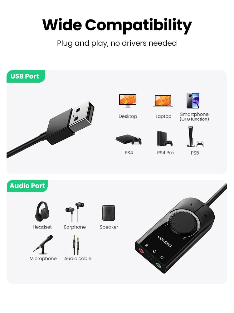 External USB Sound Card Adapter – 3.5mm Mic & Headphone Jack, USB Audio Interface for Laptop, PS5/PS4, Nintendo Switch & Smartphone (15cm / 100cm, OTG Option)